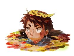 Rule 34 | 1boy, :|, animal ears, autumn leaves, blush, borrowed character, brown eyes, brown hair, chabi (amedama), closed mouth, dark-skinned male, dark skin, dripping, expressionless, extra ears, eyebrows, facing viewer, leaf, leaf on head, looking away, looking to the side, male focus, maple leaf, object on head, original, otter ears, outdoors, partially submerged, portrait, refraction, ripples, sanpaku, short eyebrows, sideburns, simple background, solo, swept bangs, thick eyebrows, water drop, wet, wet face, wet hair, white background