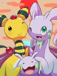 Rule 34 | absurdres, ampharos, animal focus, artist name, brown background, brown eyes, closed eyes, closed mouth, colored skin, commentary request, creatures (company), forehead jewel, game freak, gen 2 pokemon, gen 6 pokemon, goodra, goomy, green eyes, highres, nanahoshi (wadorigi), nintendo, no humans, one eye closed, open mouth, pokemon, pokemon (creature), purple skin, red sun, slime (substance), smile, tail, twitter username, yellow skin