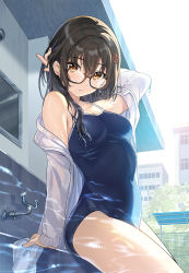 Rule 34 | 1girl, bare shoulders, blue one-piece swimsuit, brown eyes, brown hair, building, competition school swimsuit, covered navel, expressionless, from below, from side, glasses, hair between eyes, hair ornament, hand in own hair, jacket, long hair, looking at viewer, looking over eyewear, off shoulder, one-piece swimsuit, open clothes, open jacket, original, outdoors, partially submerged, school swimsuit, sitting, solo, swimsuit, tan (tangent), textless version, thighs, wet, wet hair, white jacket
