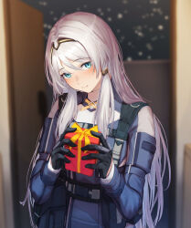 Rule 34 | 1girl, 3 small spiders, an-94 (girls&#039; frontline), aqua eyes, aqua hair, blurry, blurry background, box, christmas present, gift, gift box, girls&#039; frontline, gloves, hairband, highres, holding, holding gift, long hair, looking at viewer, open door, tactical clothes, upper body