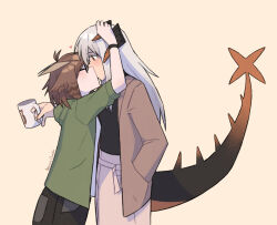 Rule 34 | 2girls, arkiwi, arknights, black pants, black shirt, brown background, brown hair, brown jacket, cowboy shot, cup, dragon girl, dragon horns, dragon tail, glasses, green jacket, hand in pocket, heart, highres, holding, holding cup, horns, jacket, kiss, long hair, long sleeves, multiple girls, open clothes, open jacket, orange eyes, owl ears, pants, saria (arknights), shirt, short hair, silence (arknights), simple background, tail, white pants, white shirt, yuri