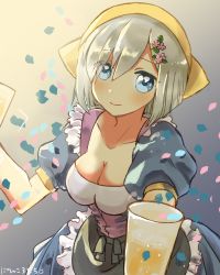 Rule 34 | 10s, 1girl, alcohol, alternate costume, beer, beer mug, blue eyes, breasts, cleavage, commentary request, cup, dirndl, female focus, frills, german clothes, hair ornament, hair over one eye, hairclip, hamakaze (kancolle), highres, kantai collection, large breasts, looking at viewer, misacho (misa1001), mug, oktoberfest, puffy short sleeves, puffy sleeves, short hair, short sleeves, silver hair, smile, solo, tenugui