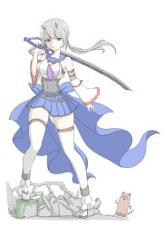 Rule 34 | 1girl, absurdres, arm at side, arm belt, assault lily, bare shoulders, belt, belt buckle, blue sailor collar, blue skirt, blunt bangs, breasts, buckle, commentary, covered navel, detached sleeves, floating hair, fujita asagao, full body, grey belt, grey hair, grey shirt, hand up, highres, holding, holding sword, holding weapon, horns, industrial pipe, long hair, long sleeves, looking at viewer, low twintails, mechanical horns, medium breasts, miniskirt, multiple belts, odaiba girls high school uniform, over shoulder, overgrown, parted lips, pleated skirt, red eyes, red horns, rubble, sailor collar, sandals, school uniform, serafuku, shirt, simple background, skirt, sleeveless, sleeveless shirt, smile, solo, standing, sword, sword over shoulder, tabi, thighhighs, tsukimizake, twintails, undershirt, waist cape, weapon, weapon over shoulder, white background, white shirt, white thighhighs, wide sleeves, zettai ryouiki, zouri