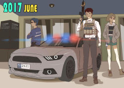 Rule 34 | 1girl, 2boys, assault rifle, blonde hair, blue hair, brown hair, bulletproof vest, car, chewing gum, chinese text, crossed arms, etmc1992, ford mustang, ford mustang s550, gun, handgun, hands in pockets, highres, holster, holstered, hood, hoodie, id card, load bearing vest, m4 carbine, magazine (weapon), motor vehicle, multiple boys, original, pistol, police, police car, rifle, short hair, shorts, sig p228/p229, sig sauer, sunglasses, trigger discipline, vehicle focus, weapon