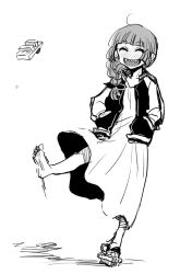 Rule 34 | 1girl, barefoot, black bow, black jacket, blunt bangs, bocchi the rock!, bow, braid, closed eyes, dress, geta, greyscale, hair bow, hair over shoulder, highres, hiroi kikuri, jacket, long hair, long sleeves, monochrome, multicolored clothes, multicolored jacket, open clothes, open jacket, open mouth, sharp teeth, simple background, single braid, smile, sokotu, solo, standing, teeth, throwing, two-tone jacket, white background, white jacket