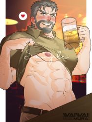 Rule 34 | 1boy, abs, absurdres, alcohol, arm hair, artist name, bar (place), bara, beard, beer, beer mug, blurry, blurry background, blush, clothes lift, collared shirt, cup, facial hair, green eyes, grey hair, heart, highres, lamp, large pectorals, leather, leather belt, light, light bulb, looking at viewer, male focus, manly, mature male, mug, nipples, original, pants, pectorals, shirt, shirt lift, smirk, solo, spiked hair, teeth, text focus, thick eyebrows, tight clothes, waiwai mura