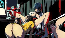 Rule 34 | 2girls, ale (ale halexxx), all fours, anus, ass, atlus, bad id, bad twitter id, blue hair, breasts, breasts out, brown hair, chair, clipboard, clitoris, collarbone, cunnilingus, desk, hand on another&#039;s head, high heels, intravenous drip, iv stand, jewelry, kawakami sadayo, keyboard (computer), lab coat, lips, looking at another, medium breasts, microscope, monitor, mouse (computer), multiple girls, nail polish, necklace, nipples, open mouth, oral, persona, persona 5, platform footwear, platform heels, purple nails, pussy, pussy juice, pussy juice trail, revision, sega, shirt, short hair, spread legs, sticky note, striped clothes, striped shirt, sweat, sweatdrop, takemi tae, tongue, tongue out, uncensored, yuri