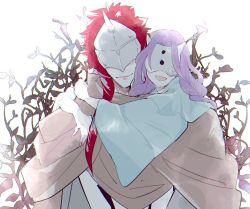 Rule 34 | 1boy, 1girl, blue sleeves, branch, cloak, closed mouth, commentary, demon, demon boy, demon girl, hand on shoulder, happy, harowharow, hidden eyes, horned mask, horns, hug, leaf, long hair, long sleeves, looking at viewer, mask, mouth mask, musica (yakusoku no neverland), open mouth, purple hair, red hair, simple background, single horn, smile, standing, sung-joo (yakusoku no neverland), white background, wide sleeves, yakusoku no neverland