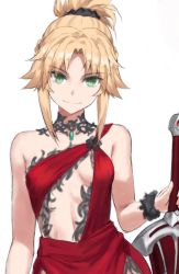 Rule 34 | 1girl, bare shoulders, blonde hair, braid, breasts, center opening, clarent (fate), fate/apocrypha, fate (series), french braid, green eyes, long hair, looking at viewer, mordred (fate), mordred (fate/apocrypha), parted bangs, ponytail, sidelocks, small breasts, smile, solo, sword, tonee, weapon