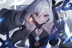 Rule 34 | 1girl, black gloves, breasts, bronya zaychik, bronya zaychik (herrscher of reason), crossed bangs, crying, crying with eyes open, dress, drill hair, earrings, elbow gloves, gloves, hair ornament, hands up, honkai (series), honkai impact 3rd, jewelry, layered dress, long hair, looking at viewer, olys, parted lips, silver hair, small breasts, solo, tears, upper body