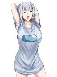 Rule 34 | 1girl, arms behind head, blue shirt, breasts, collarbone, cyka, feet out of frame, girls&#039; frontline, highres, looking at viewer, medium breasts, medium hair, one eye closed, open mouth, purple eyes, rpk-16 (girls&#039; frontline), shirt, silver hair, solo, standing, white background