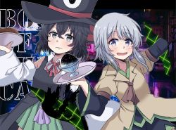 Rule 34 | 2others, androgynous, black eyes, black hair, book of the cafe, bow, brown coat, coat, detached sleeves, enraku tsubakura, food, grey eyes, grey hair, hamburger steak, hat, holding, holding tray, houlen yabusame, ink, large hat, layered sleeves, len&#039;en, long sleeves, multiple others, portal (object), red ribbon, ribbon, shaved ice, short hair with long locks, short over long sleeves, short sleeves, shorts, smile, top hat, tray, ximsol182