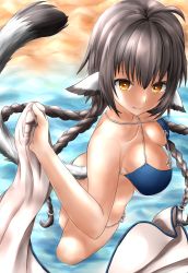 Rule 34 | 1girl, absurdly long hair, absurdres, aged up, ahoge, animal ears, anju (utawarerumono), aquaplus, beach, black hair, blue one-piece swimsuit, braid, breasts, cleavage, cleavage cutout, closed mouth, clothing cutout, cowboy shot, from above, from side, fur, hair between eyes, hair ornament, highres, huge filesize, long hair, looking at viewer, one-piece swimsuit, orange eyes, reover6, sand, solo, swimsuit, tail, thighs, utawarerumono, utawarerumono: itsuwari no kamen, utawarerumono: lost flag, very long hair, water