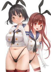 Rule 34 | 2girls, alternate hair color, black hair, black hairband, black neckerchief, black panties, blue sailor collar, breasts, brown eyes, cosplay, crop top, elbow gloves, gloves, haguro (kancolle), hair between eyes, hairband, highleg, highleg panties, horizontal-striped thighhighs, kamikaze (kancolle), kantai collection, large breasts, long hair, multiple girls, navel, neckerchief, panties, red eyes, red hair, sailor collar, shimakaze (kancolle), shimakaze (kancolle) (cosplay), short hair, standing, striped clothes, striped thighhighs, thighhighs, thong, toka (marchlizard), underwear, very long hair, white gloves