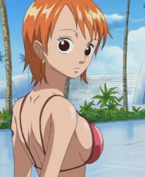 Rule 34 | 1girl, angry, animated, animated gif, back, bikini, black eyes, bouncing breasts, breasts, cleavage, cloud, crossed arms, day, earrings, from behind, inoue eisaku, jewelry, large breasts, lowres, nami (one piece), one piece, orange hair, outdoors, palm tree, parted bangs, short hair, sideboob, sky, solo, swimsuit, tattoo, tree, upper body