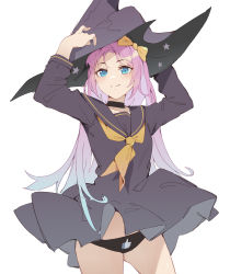 Rule 34 | 1girl, arms up, black dress, black hat, black panties, black sailor collar, blue hair, bow, closed mouth, cowboy shot, dress, fang, fang out, gradient hair, hair bow, hat, highres, ji dao ji, long sleeves, looking at viewer, multicolored hair, neckerchief, original, panties, parted bangs, pink hair, sailor collar, sailor dress, simple background, smile, solo, standing, star (symbol), underwear, white background, witch hat, yellow bow, yellow neckerchief