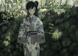 Rule 34 | 1girl, all day long, black hair, blush, expressionless, hair ornament, hair scrunchie, highres, japanese clothes, kimono, looking at viewer, original, own hands together, plant, print kimono, scrunchie, shade, side ponytail, solo, stone wall, sunlight, two-tone kimono, wall