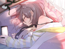 Rule 34 | 1girl, animal ears, bed, brown hair, closed eyes, dark talker, hair undone, highres, hololive, lying, natsuiro matsuri, natsuiro matsuri (matsuri&#039;s day off), hugging object, open mouth, phone, pillow, ribbon, sleeping, solo, stuffed animal, stuffed toy, virtual youtuber