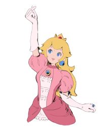 Rule 34 | 1girl, absurdres, arm up, blonde hair, blue eyes, breasts, brooch, closed mouth, cropped torso, crown, dress, earrings, elbow gloves, eyelashes, gloves, highres, jewelry, jors, lips, long hair, looking at hand, looking up, mario (series), nintendo, pink dress, pink lips, princess, princess peach, puffy short sleeves, puffy sleeves, ring, short sleeves, simple background, sketch, small breasts, smile, solo, super mario bros. 1, white background, white gloves