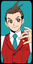Rule 34 | 1boy, ace attorney, apollo justice, apollo justice: ace attorney, bad id, bad twitter id, black border, blue background, blue necktie, blush, border, brown eyes, brown hair, buttons, closed mouth, collared shirt, commentary request, flat color, forked eyebrows, formal, jacket, lapel pin, lapels, looking away, looking to the side, male focus, necktie, no pupils, ragi (od6fine), red jacket, shirt, short hair, simple background, sleeveless blazer, smile, solo, upper body, v-shaped eyebrows, very short hair, white shirt, widow&#039;s peak