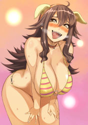 Rule 34 | 1girl, ahoge, animal ears, bad id, bad pixiv id, bikini, blush, breasts, breath, brown eyes, brown hair, collar, dog ears, fake animal ears, female focus, hands on thighs, large breasts, leaning forward, long hair, looking at viewer, nose blush, o-ring, o-ring bikini, open mouth, original, rozario (akai rosario), solo, striped bikini, striped clothes, swimsuit, tongue, tongue out