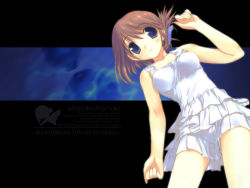 Rule 34 | 00s, 1girl, :o, artist name, bare shoulders, blue eyes, blush, breasts, brown hair, character name, collarbone, dress, folded ponytail, frilled skirt, frills, from below, komaki manaka, parted lips, shirt, short hair, skirt, sleeveless, sleeveless shirt, solo, standing, to heart (series), to heart 2, white shirt, white skirt