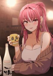 Rule 34 | 1girl, absurdres, blush, bottle, breasts, brown sweater, cleavage, closed mouth, collarbone, cup, earrings, heterochromia, highres, holding, holding cup, hololive, houshou marine, indoors, jangmaseason, jewelry, large breasts, lips, long hair, long sleeves, looking at viewer, multicolored hair, red eyes, red hair, smile, solo, sweater, two-tone hair, virtual youtuber, white hair, yellow eyes
