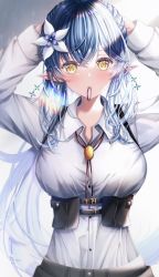 Rule 34 | 1girl, blue hair, bolo tie, breasts, chest harness, collared shirt, cosplay, cowboy shot, dress shirt, elf, flower, hair flower, hair ornament, hair tie in mouth, harness, highres, hololive, kasakai hikaru, large breasts, long sleeves, looking at viewer, mouth hold, pointy ears, shirt, shishiro botan, shishiro botan (button-down), shishiro botan (cosplay), solo, tying hair, underbust, virtual youtuber, white flower, white shirt, yellow eyes, yukihana lamy