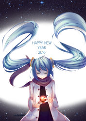 Rule 34 | absurdres, coat, hair ornament, happy new year, hatsune miku, highres, new year, night, night sky, nissanote, overcoat, scarf, sky, solo, star (sky), starry sky, twintails, vocaloid