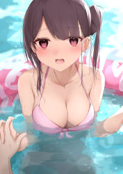 Rule 34 | 1girl, bare arms, bare shoulders, bikini, blurry, blurry background, blush, breasts, brown hair, cleavage, collarbone, commentary request, depth of field, ear piercing, earrings, heart, heart earrings, highres, holding hands, innertube, interlocked fingers, jewelry, kanju, looking at viewer, medium breasts, one side up, open mouth, original, partially submerged, piercing, pink bikini, red eyes, sidelocks, solo focus, swim ring, swimsuit, upper body, water