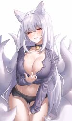 Rule 34 | 1girl, absurdres, animal ears, bad id, bad twitter id, black choker, black shorts, breasts, choker, cleavage, closed mouth, clothes pull, crop top, dolphin shorts, fox ears, fox girl, fox tail, grey shirt, highres, kitsune, kyuubi, large breasts, long hair, long sleeves, looking at viewer, micro shorts, midriff, multiple tails, navel, original, panty straps, pulled by self, raki kr, red eyes, revision, shirt, shirt pull, shorts, smile, solo, stomach, tail, thighs, very long hair, white background, white hair