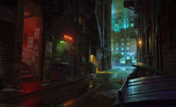 Rule 34 | alley, bad id, bad pixiv id, building, city, cityscape, commentary, commission, dao dao, day, dumpster, english commentary, highres, neon lights, no humans, original, outdoors, road, scenery, sign, skyscraper, stairs, street