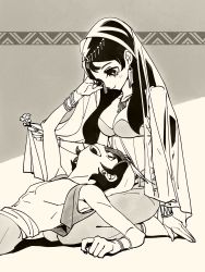 Rule 34 | 1boy, 1girl, arabian clothes, barefoot, black hair, bracelet, breasts, cleavage, earrings, flower, highres, holding, holding flower, jewelry, long hair, lying, medium breasts, monochrome, on back, open mouth, original, seiza, short hair, sitting, smile, tayama midori, veil, vest