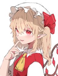 Rule 34 | 1girl, absurdres, ascot, blonde hair, blush, breasts, collared shirt, commentary request, crystal, dress, fang, flandre scarlet, hair between eyes, hair ribbon, hat, highres, jewelry, looking at viewer, mob cap, one side up, open mouth, pointing, pointy ears, puffy short sleeves, puffy sleeves, red dress, red eyes, red ribbon, ribbon, sasakuea, shirt, short hair, short sleeves, simple background, small breasts, smile, solo, touhou, upper body, white background, white hat, white shirt, wings, yellow ascot