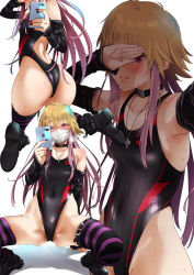 Rule 34 | 1girl, arm behind back, armpits, black footwear, black one-piece swimsuit, black socks, breasts, breath, cellphone, competition swimsuit, covered mouth, covering own eyes, detached sleeves, head out of frame, idolmaster, idolmaster cinderella girls, jewelry, kneehighs, long hair, looking at viewer, mask, mouth mask, multicolored hair, multiple views, necklace, ninomiya asuka, one-piece swimsuit, orange hair, phone, pija (pianiishimo), purple eyes, simple background, small breasts, socks, spread legs, squatting, striped clothes, striped socks, striped thighhighs, surgical mask, swimsuit, thighhighs, two-tone hair, white background