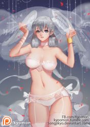 Rule 34 | 1girl, angel wings, arms up, artist name, blue eyes, bra, breasts, bridal veil, choker, cleavage, collarbone, contrapposto, cowboy shot, curly hair, deviantart username, facebook username, garter belt, garter straps, hair between eyes, head wings, lace, lace-trimmed bra, lace trim, large breasts, light smile, lingerie, melia antiqua, navel, nintendo, panties, parted lips, patreon, patreon username, red lips, see-through, silver hair, solo, songjikyo, standing, stomach, strapless, strapless bra, thigh gap, thighhighs, thighs, tumblr username, underwear, underwear only, veil, watermark, web address, white bra, white panties, white thighhighs, white wings, wings, wristband, xenoblade chronicles (series), xenoblade chronicles 1