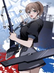 Rule 34 | 1girl, black shirt, breasts, broom, brown hair, character name, commentary request, flight deck, grey skirt, gun, hair between eyes, head tilt, highres, holding, holding gun, holding weapon, ichimonme (ichi), intrepid (kancolle), kantai collection, long hair, neckerchief, open mouth, ponytail, shirt, short sleeves, sketch, skirt, solo, star (symbol), weapon