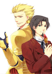 Rule 34 | 2boys, armor, bad id, bad pixiv id, blonde hair, blue eyes, brown hair, cane, earrings, facial hair, fate/zero, fate (series), formal, gilgamesh (fate), goatee, hachi (gaoo), jewelry, male focus, multiple boys, red eyes, ribbon, simple background, staff, suit, tohsaka tokiomi, white background