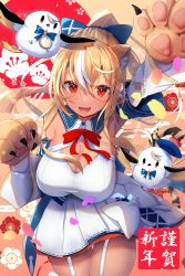 Rule 34 | 1girl, :d, absurdres, animal ear fluff, animal ears, animal hands, arm up, bird, blonde hair, blue bow, blush, bow, bowtie, breasts, cleavage, collared dress, commentary request, dark-skinned female, dark skin, detached sleeves, dress, elfriend (shiranui flare), extra ears, garter straps, gloves, hair between eyes, hair bow, hand up, highres, hololive, large breasts, long hair, long sleeves, looking at viewer, multicolored hair, nidaime (doronbo), open mouth, paw gloves, pointy ears, ponytail, red bow, red bowtie, red eyes, shiranui flare, shiranui flare (1st costume), sleeveless, sleeveless dress, smile, solo, streaked hair, very long hair, virtual youtuber, white dress, white hair