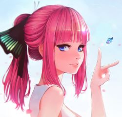 Rule 34 | 1girl, blue eyes, blunt bangs, blush, bug, butterfly, go-toubun no hanayome, hair ornament, hand up, hanr10, highres, index finger raised, insect, long hair, looking at viewer, nakano nino, parted lips, pink hair, ponytail, ribbon, shirt, sidelocks, simple background, sleeveless, solo, upper body, white shirt