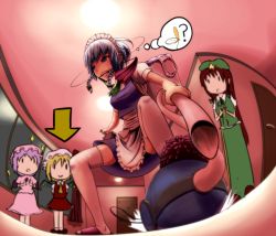 Rule 34 | 4girls, ?, arrow (symbol), beret, clapping, cleaning, duster, female focus, flandre scarlet, hat, highres, hong meiling, izayoi sakuya, kamaboko bijin, maid headdress, mouth hold, multiple girls, pocket watch, remilia scarlet, searching, smile, sparkle, spread legs, sweatdrop, thighhighs, touhou, vacuum cleaner, watch, white legwear, | |
