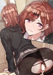 Rule 34 | 1girl, ass, back, bent over, black pantyhose, blush, brown hair, censored, clenched teeth, cum, cumdrip, erere, facial, female focus, hair ornament, hairclip, higuchi madoka, idolmaster, idolmaster shiny colors, mole, mole under eye, mosaic censoring, pantyhose, pleated skirt, purple eyes, pussy, skirt, solo, teeth, thighband pantyhose, torn clothes, torn pantyhose