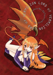 Rule 34 | 1girl, bare shoulders, breasts, cleavage, demon girl, elbow gloves, female focus, licking finger, full body, gloves, highres, large breasts, licking, long hair, lord of vermilion, nail polish, orange hair, pointy ears, red eyes, single wing, solo, demon girl, succubus (lord of vermilion), tail, tongue, wings