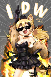 Rule 34 | &gt; &lt;, 1girl, :3, animal ear fluff, animal ears, bare shoulders, black dress, black gloves, black ribbon, black skirt, blonde hair, blush, breasts, cat ears, cat tail, character name, choker, cleavage, closed eyes, commentary, cowboy shot, deal with it (meme), dress, elbow gloves, emphasis lines, explosion, fang, girls&#039; frontline, gloves, hair between eyes, hair ornament, hand on own hip, heart, heart in mouth, idw (cat in the box) (girls&#039; frontline), idw (girls&#039; frontline), index finger raised, jazz jack, low twintails, meme, official alternate costume, open mouth, pointing, pointing up, ribbon, skirt, solo, stole, strapless, strapless dress, sunglasses, tail, tail ornament, tail ribbon, thigh strap, tiara, twintails