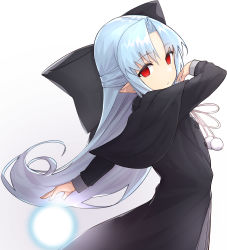 Rule 34 | 1girl, absurdres, apo (apos2721), black bow, black capelet, black dress, blue hair, bow, capelet, dress, floating hair, from side, hair bow, hair tubes, highres, len (tsukihime), long hair, long sleeves, melty blood, neck ribbon, no pupils, pointy ears, red eyes, ribbon, simple background, solo, standing, tsukihime, very long hair, white background, white ribbon