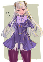 Rule 34 | 1girl, bow, breasts, breasts squeezed together, capcom fighting jam, capelet, gloves, hairpods, highres, ingrid (capcom), long hair, medium breasts, open mouth, pantyhose, purple bow, purple pantyhose, red eyes, silver hair, skirt, skirt set, smile, solo, tetsu (kimuchi), v arms, white gloves