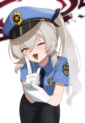 Rule 34 | 1girl, black skirt, blue archive, flasso, gloves, hair between eyes, halo, hat, highres, long hair, looking at viewer, necktie, one eye closed, open mouth, pencil skirt, police, police hat, police uniform, policewoman, red halo, simple background, skirt, solo, uniform, very long hair, white background, white gloves, white hair, yellow eyes