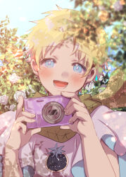 Rule 34 | 1boy, blonde hair, blue eyes, blush, bush, camera, child, digital camera, fate/grand order, fate (series), flower, fuji cak, holding, holding camera, male focus, open mouth, outdoors, robe, rose, scarf, short hair, solo, voyager (fate), voyager (first ascension) (fate), white flower, white robe, white rose