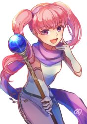 Rule 34 | 1girl, dress, fire emblem, fire emblem: the blazing blade, gloves, highres, holding, holding staff, long hair, nintendo, open mouth, pink hair, purple eyes, scarf, serra (fire emblem), simple background, solo, staff, tarayuki, twintails, white background, white dress, white gloves