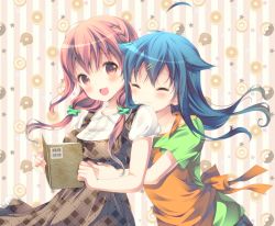 Rule 34 | 10s, 2girls, :3, :d, ^ ^, ahoge, apron, blue hair, blush, book, brown eyes, brown hair, closed eyes, commentary request, doughnut, dress, food, green scrunchie, green shirt, hair flaps, hair ornament, hairpin, hinako note, holding, holding book, hug, hug from behind, long hair, looking at viewer, low twintails, march-bunny, multiple girls, natsukawa kuina, open book, open mouth, orange apron, plaid, plaid dress, sakuragi hinako, scrunchie, shirt, short sleeves, smile, striped, striped background, twintails, upper body, vertical stripes